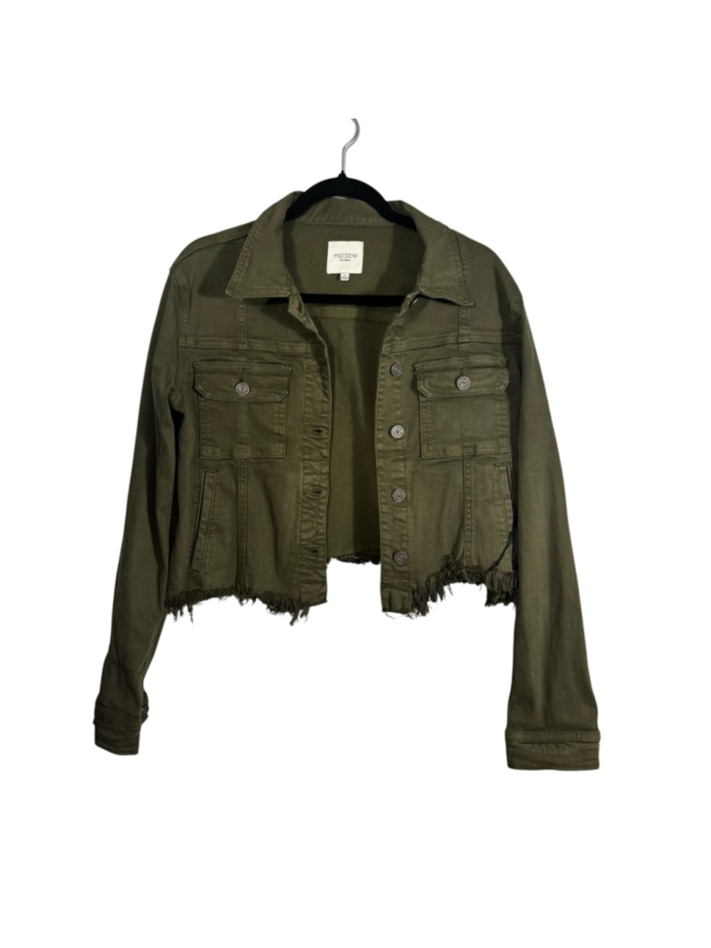 Size M Hidden Military Green Distressed Fringe Button Cropped Jean Jacket - Picture 3 of 10
